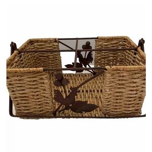 Vintage Rooster Metal Work & Woven Basket - Table Decor for Condiments 11Lx8Wx5H